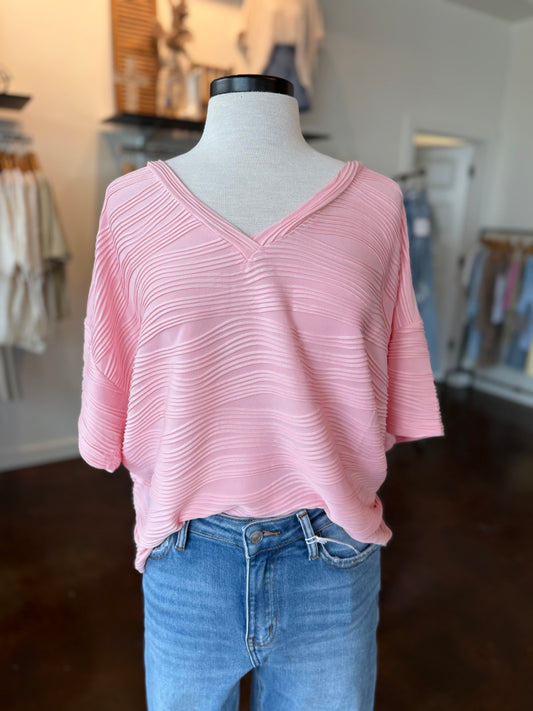 Texture V-Neck Loose Fit Top - Light Pink