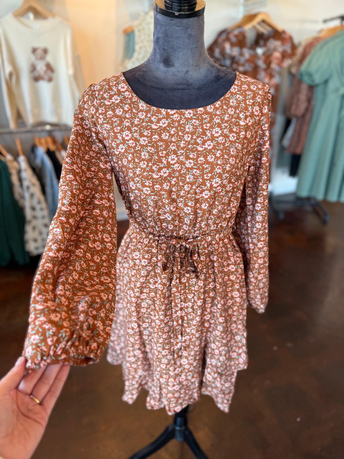 Long Sleeve Waist Tie Disty Mini Dress