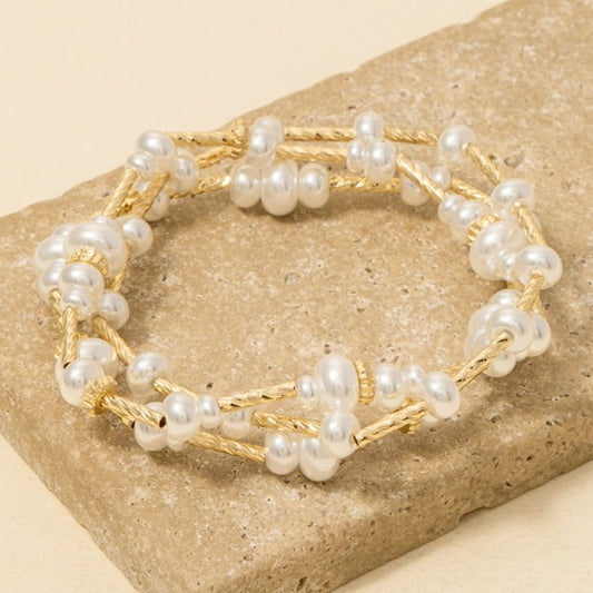 Pearls & Twisted Metallic Gold Bar Bracelet Set