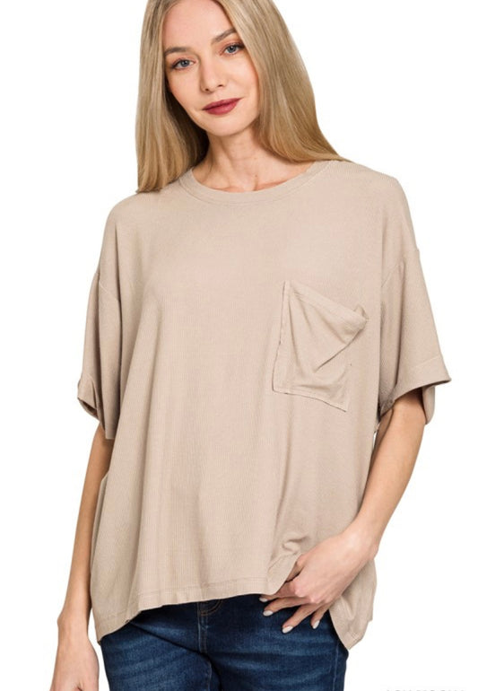 Oversized Ribbed Round Neck Tee - Ash Mocha