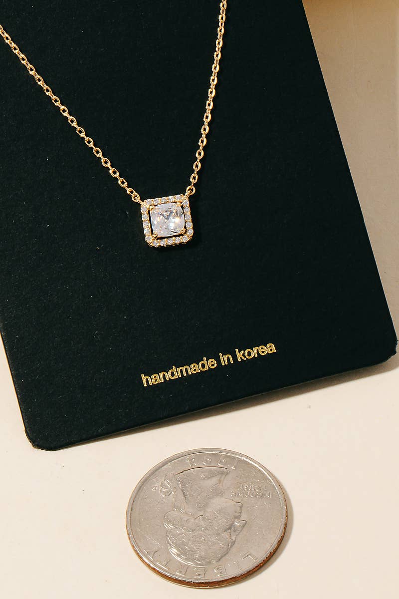 Rhinestone Halo Set Square Gem Pendant Necklace: G