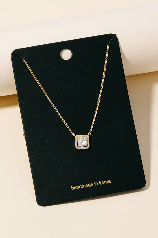 Rhinestone Halo Set Square Gem Pendant Necklace: G