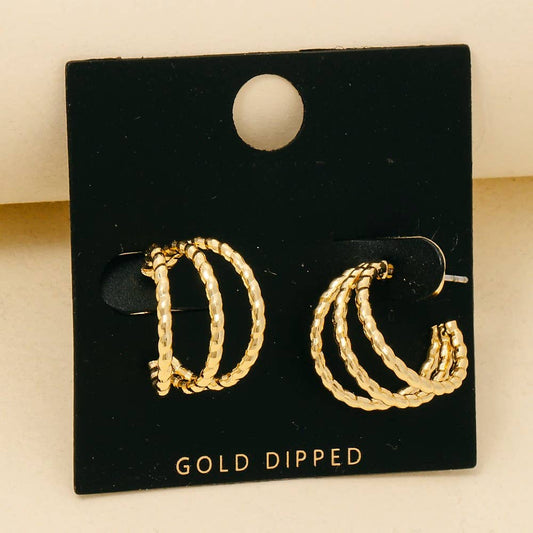 Gold Dipped Textured Triple Layered Hoop Earrings: GOLD